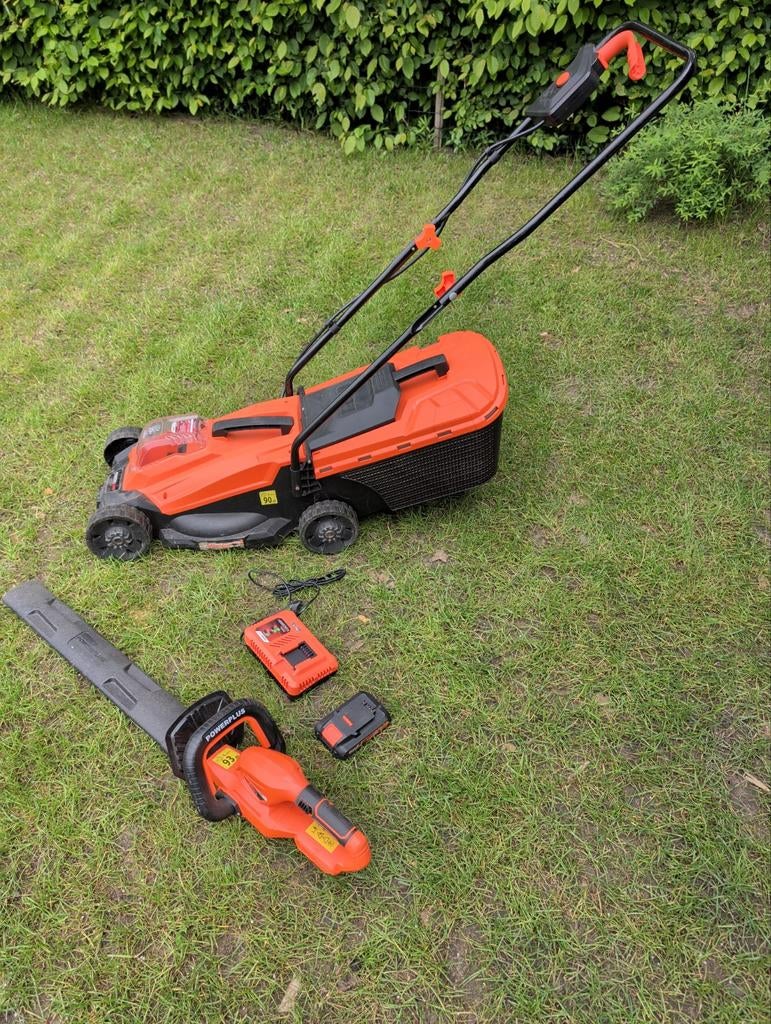 Complete Tuinset Powerplus Dual Power: Grasmaaier + Heggensc, Ophalen, Opvangzak