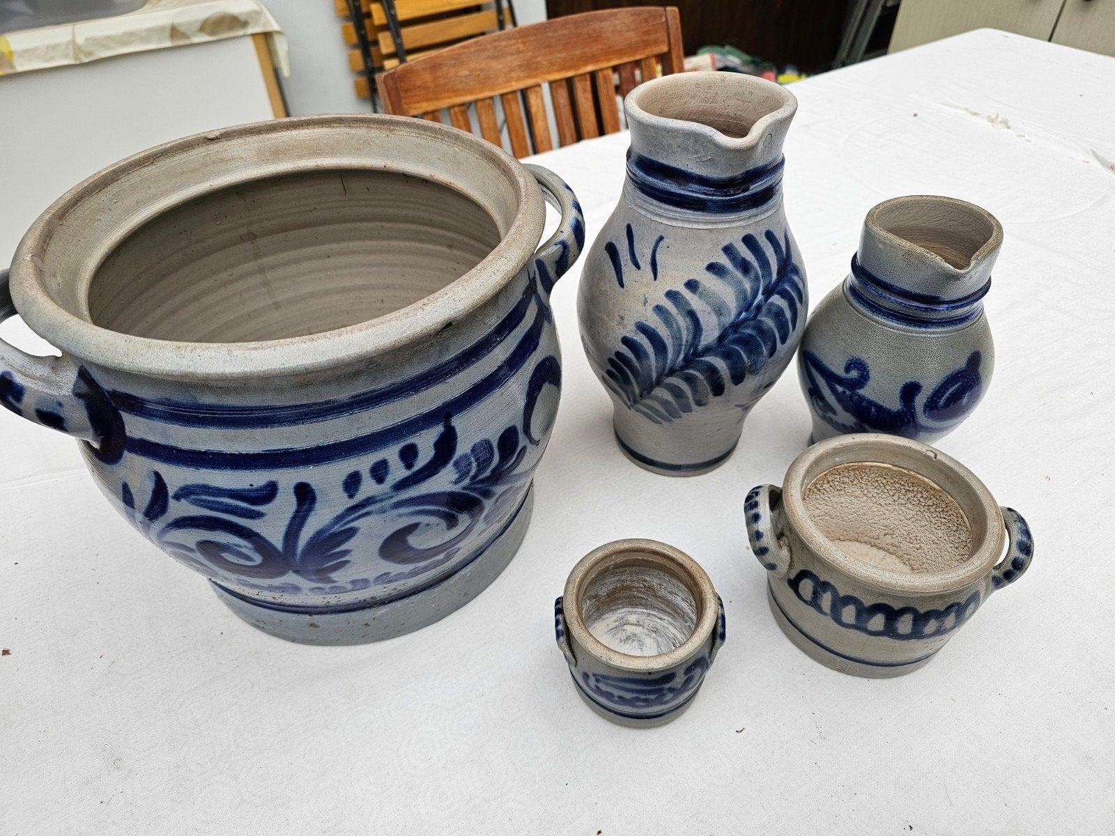 Lot de 5 grès anciens émaillés au sel – Décor Bleu Cobalt, Enlèvement