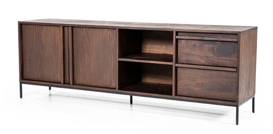 TV meubel Eleonora, Ophalen, 150 tot 200 cm, Zo goed als nieuw, Bruin mangohout