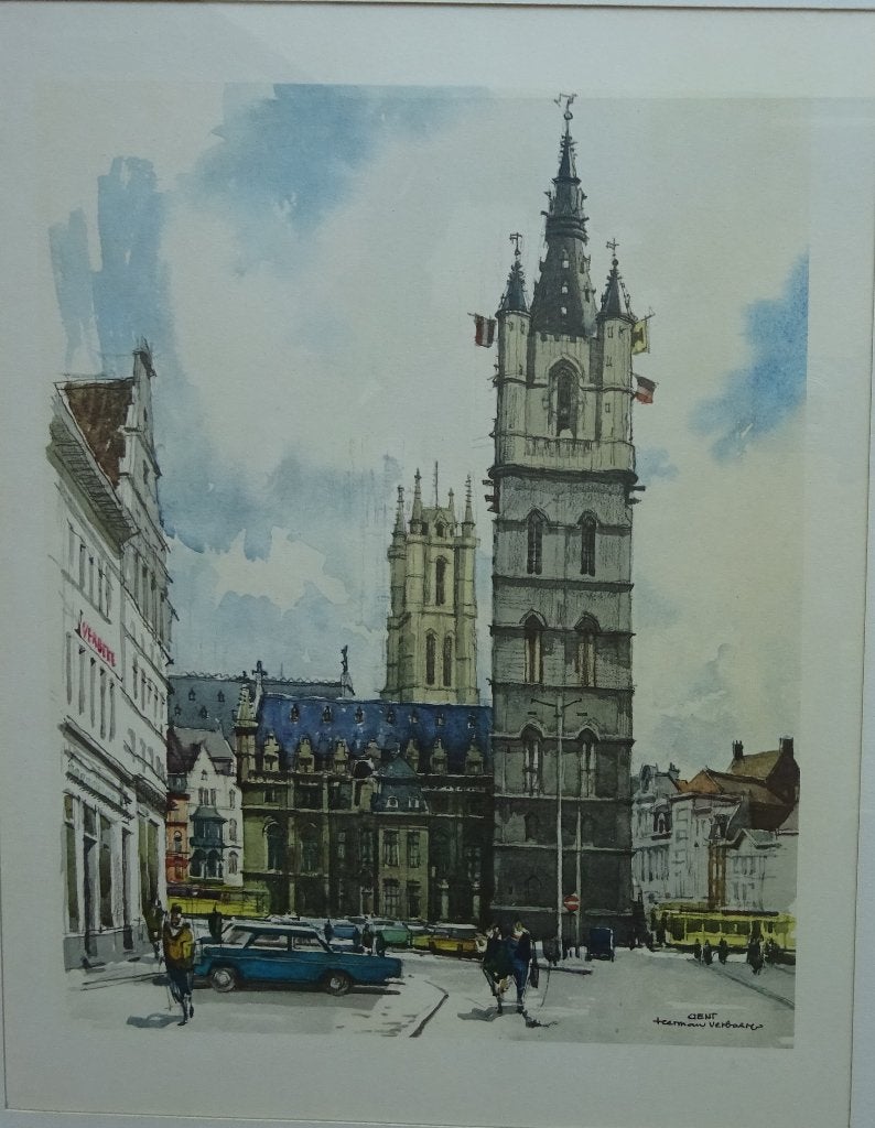 Gent, prent door Herman Verbaere, Ophalen, Ingelijst, 1950 - 1999, Overige technieken