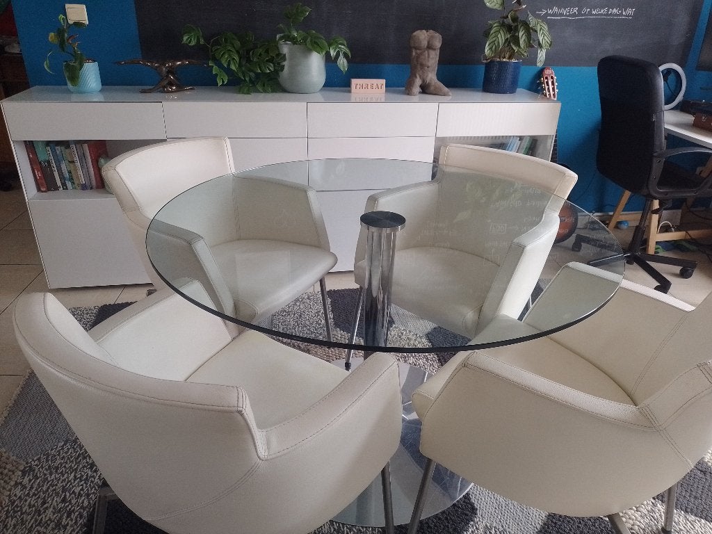 Glazen Ronde Tafel, Leren Kuipzetels, Hoogglans Dressoir LED, Huis en Inrichting, Ophalen, Zo goed als nieuw, Modern minimalistisch