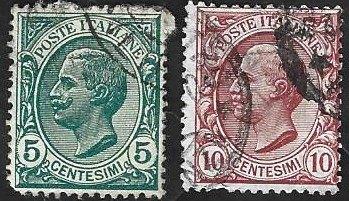 2 Postzegels Italië 1906 Koning Victor Emanuel III, Enlèvement ou Envoi, Affranchi