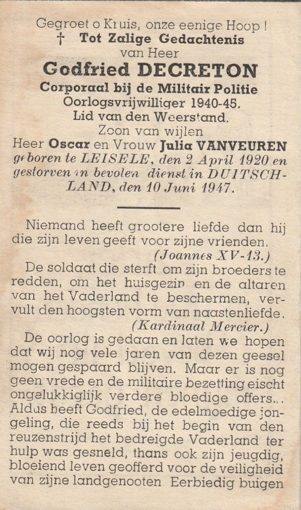 Oorlogsslachtoffer 1940-45 Godfried Decreton bevolen dienst, Verzamelen, Bidprentjes en Rouwkaarten, Verzenden