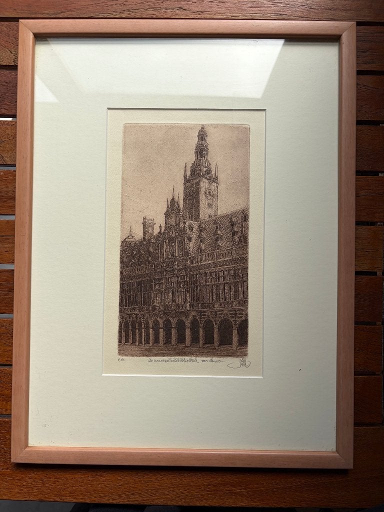 Bibliothèque universitaire de Louvain -Johan Boussauw (E.A.), Antiquités & Art, Eau-forte, 1950 - 1999, 41 cm, Vue urbaine