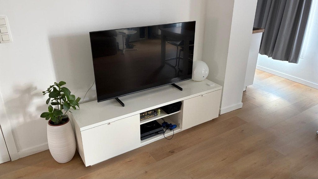 IKEA BYÅS TV-meubel – hoogglans wit – 160x42x45 cm, Ophalen, 150 tot 200 cm, Zo goed als nieuw, Minder dan 100 cm