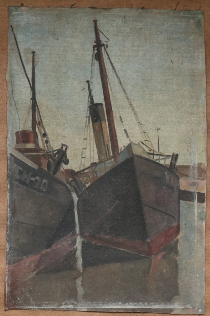Vissersschepen op de scheepshelling - olieverf op doek, Antiek en Kunst, Ophalen, Maritiem / water, Doek, Realistisch