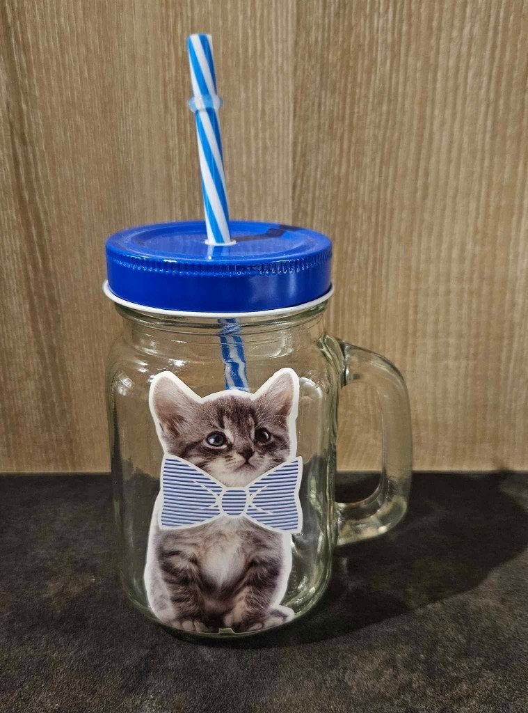 Mug verre avec anse chat couvercle et paille, Huis en Inrichting, Keuken | Servies, Ophalen of Verzenden, Zo goed als nieuw, Glas