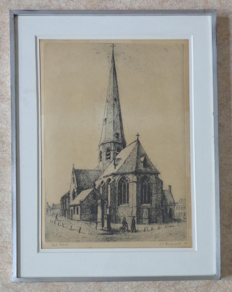 JOZEF VAN RUYSSEVELT / KERK BAZEL / ZW-W ETS / 67x51cm KADER, Ophalen of Verzenden