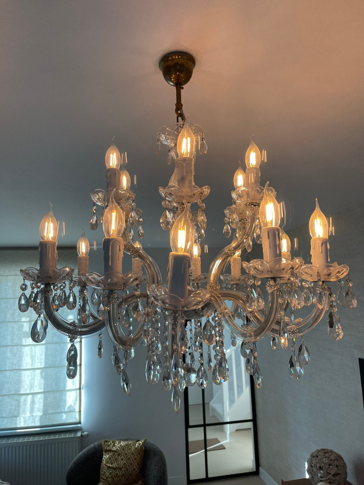 Marie-Thérèse krionluchter + 18 lampen, Huis en Inrichting, Lampen | Kroonluchters, Ophalen, Zo goed als nieuw, Glas