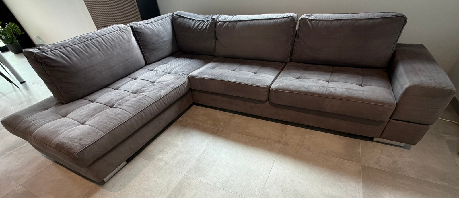 Canapé d’angle XXL en tissu gris – 295  215 cm – bon état, Ophalen, Zo goed als nieuw, Metaal