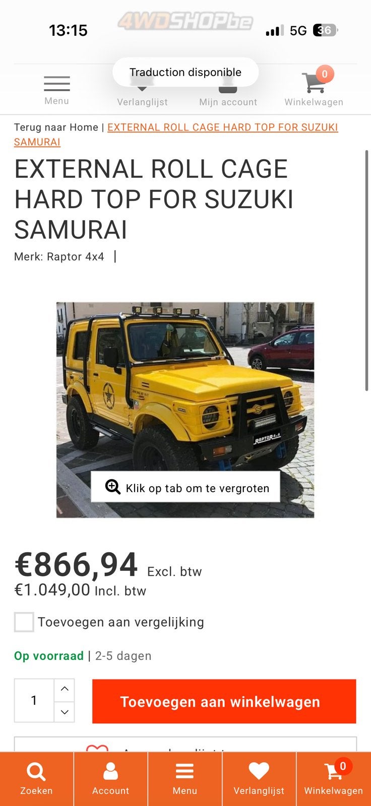 Roll Cage Hard top suzuki samurai, Enlèvement