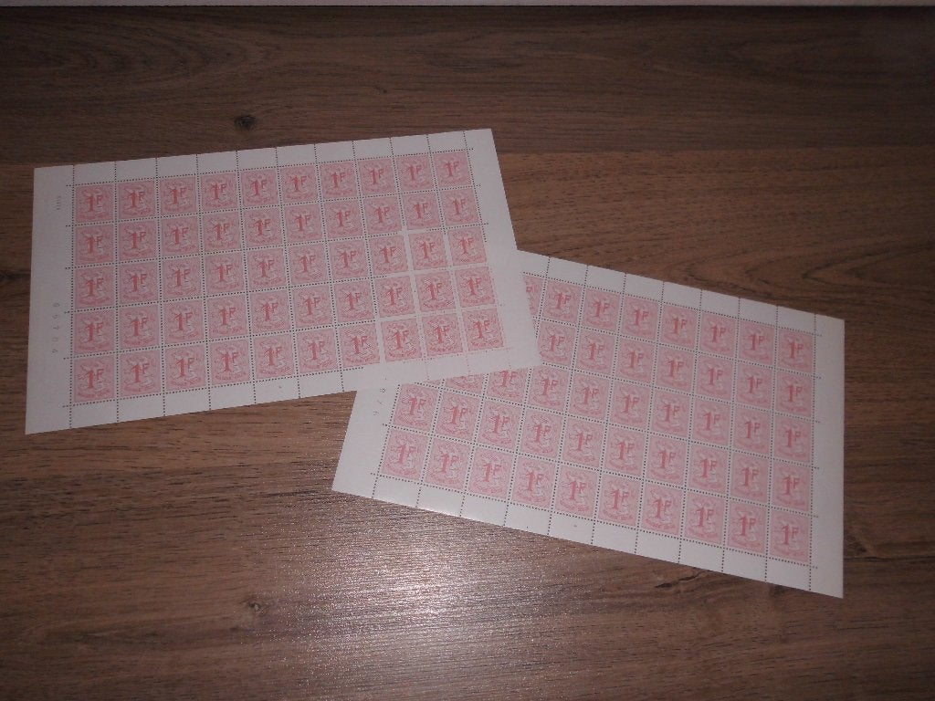 lot de 2 planches - blocs de 100 timbres 1 franc belge NEUF, Enlèvement ou Envoi, Neuf