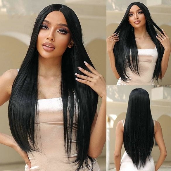 Pruik met lang zwart steil haar model zonder pony, Handtassen en Accessoires, Uiterlijk | Haarverzorging, Verzenden, Nieuw