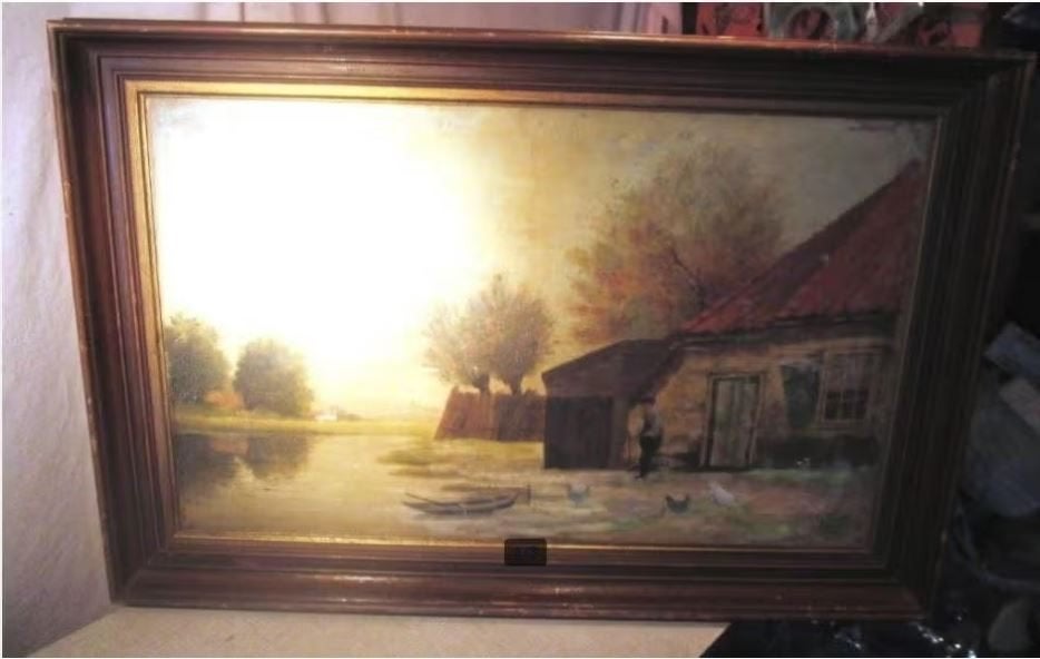 Mooi Oud Geschilderd Werk 'Rivier en Boerderij' - gesigneerd, Ophalen of Verzenden