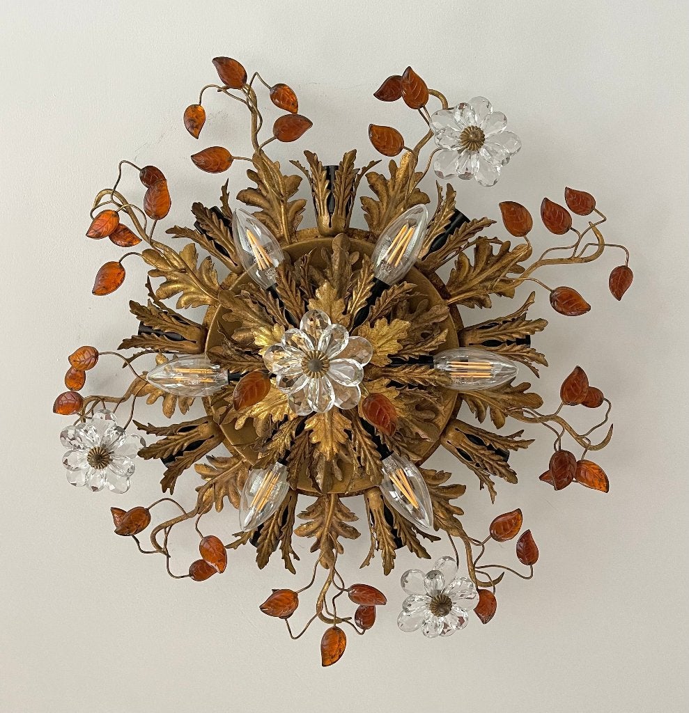 Rare 3x Plafonniers Style Maison Baguès / Banci. 60, Enlèvement, Doré, Verre, Plafonnier