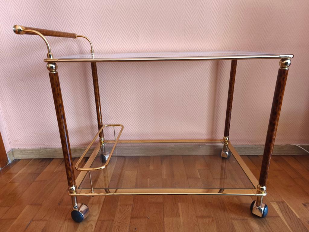 Chariot de service / Desserte Vintage- Doré et verre, 25 à 50 cm, 50 à 100 cm, Comme neuf, Verre