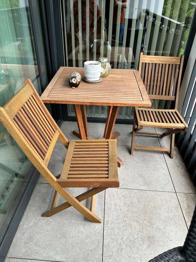 Teak tafel en 2 bijhorende stoelen in teak, Tuin en Terras, Gebruikt, Eettafel, Teakhout, Tuinset