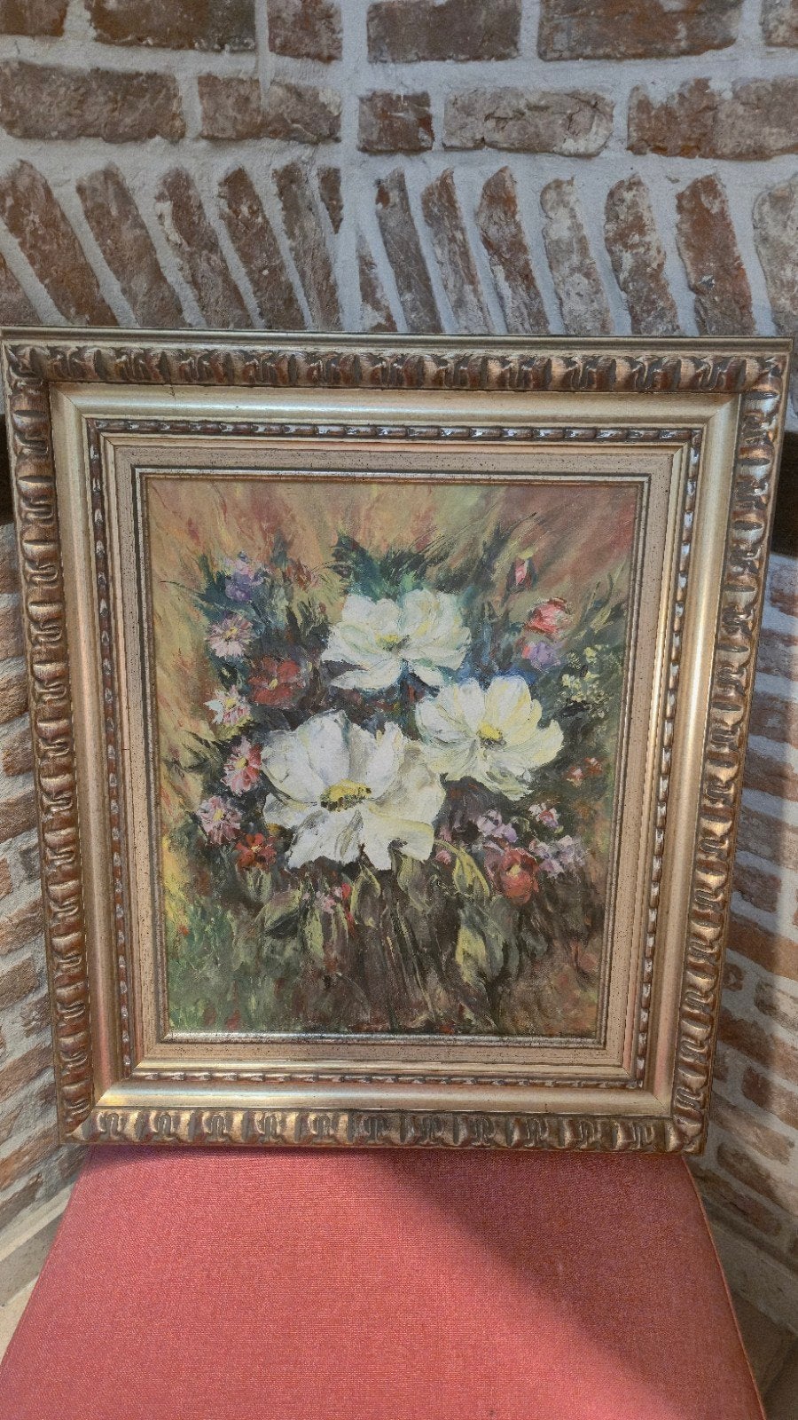 bloemen schilderij ingekaderd 60x70 cm, Antiek en Kunst, Acrylverf, Handgeschilderd, Doek, Klassiek