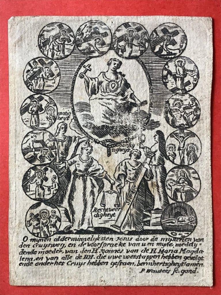 18e Gravure P. Wauters Gand Kruisweg, Antiquités & Art, 7 cm, Religion, Enlèvement ou Envoi, 9 cm