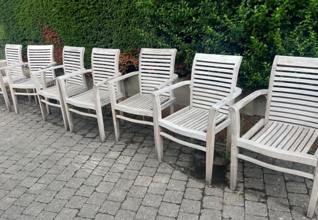 Mooie degelijke teakhout tuinstoelen, prijs voor 7 stuks, Enlèvement, Utilisé, Bois de teck, Empilable
