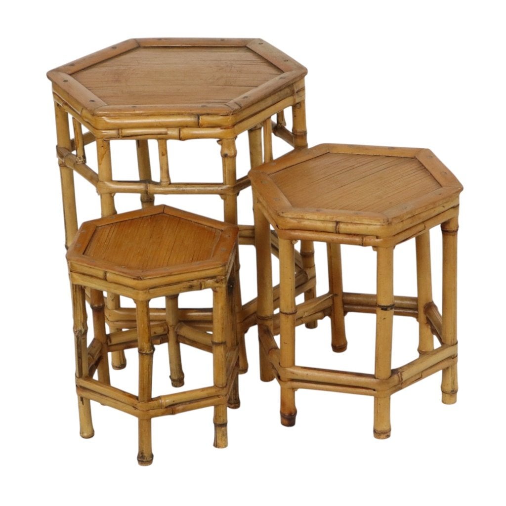 Vintage Set van 3 Bamboe en Rotan Bijzettafels Boho, Ophalen of Verzenden