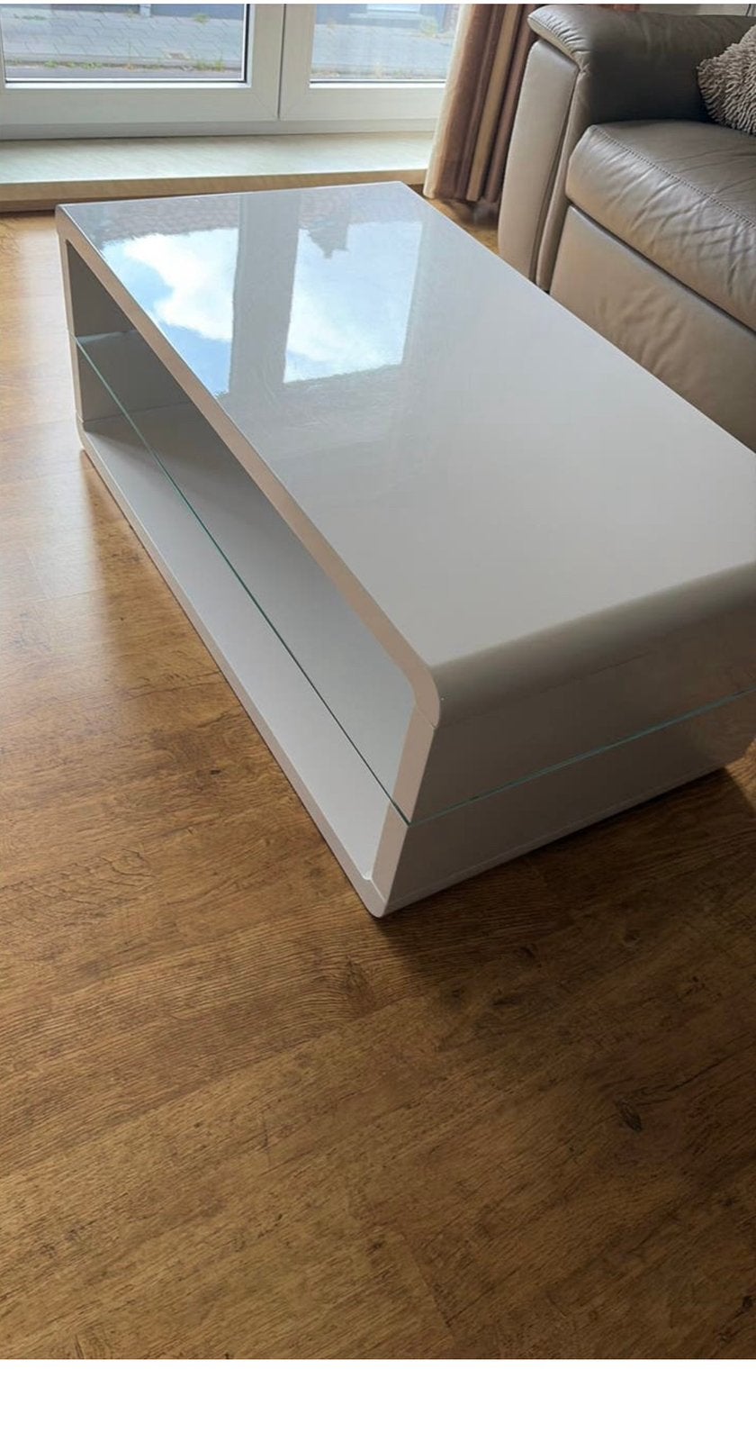 Table basse blanche brillante avec verre/table basse, Maison & Meubles, Tables | Tables de salon, Enlèvement, Utilisé, Verre