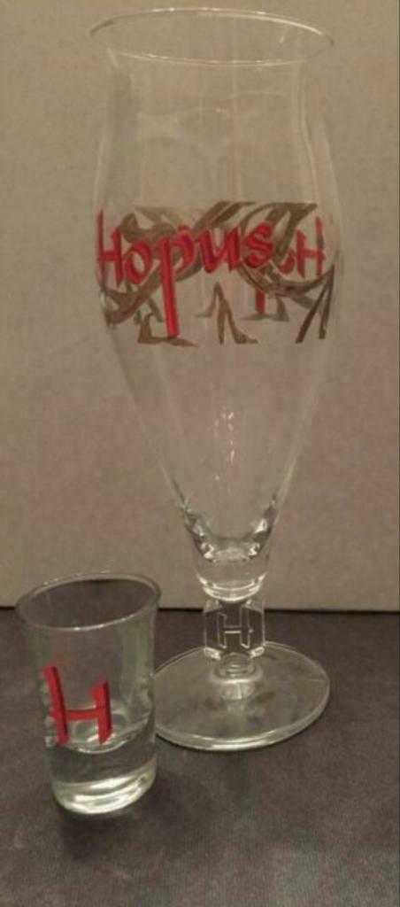 Bierglas Hopus + klein glaasje, Verzamelen, Ophalen of Verzenden, Zo goed als nieuw, Glas of Glazen, Overige merken