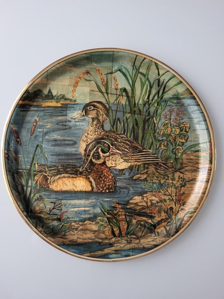 vintage serveerschaal bamboe dienblad wilde eenden ø 36 cm, Ophalen of Verzenden, Rond