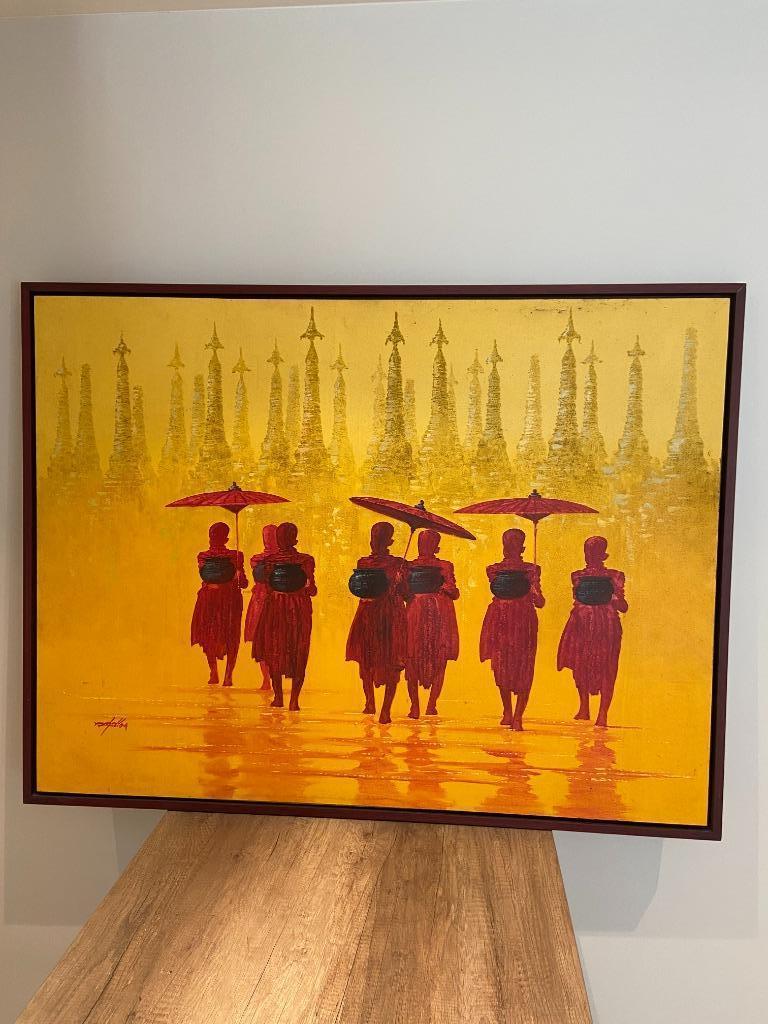 Schilderij in kader - "Boeddhistische Monniken", Antiek en Kunst, Ophalen
