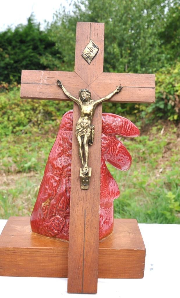 crucifix mural  en bois christ laiton, Ophalen of Verzenden