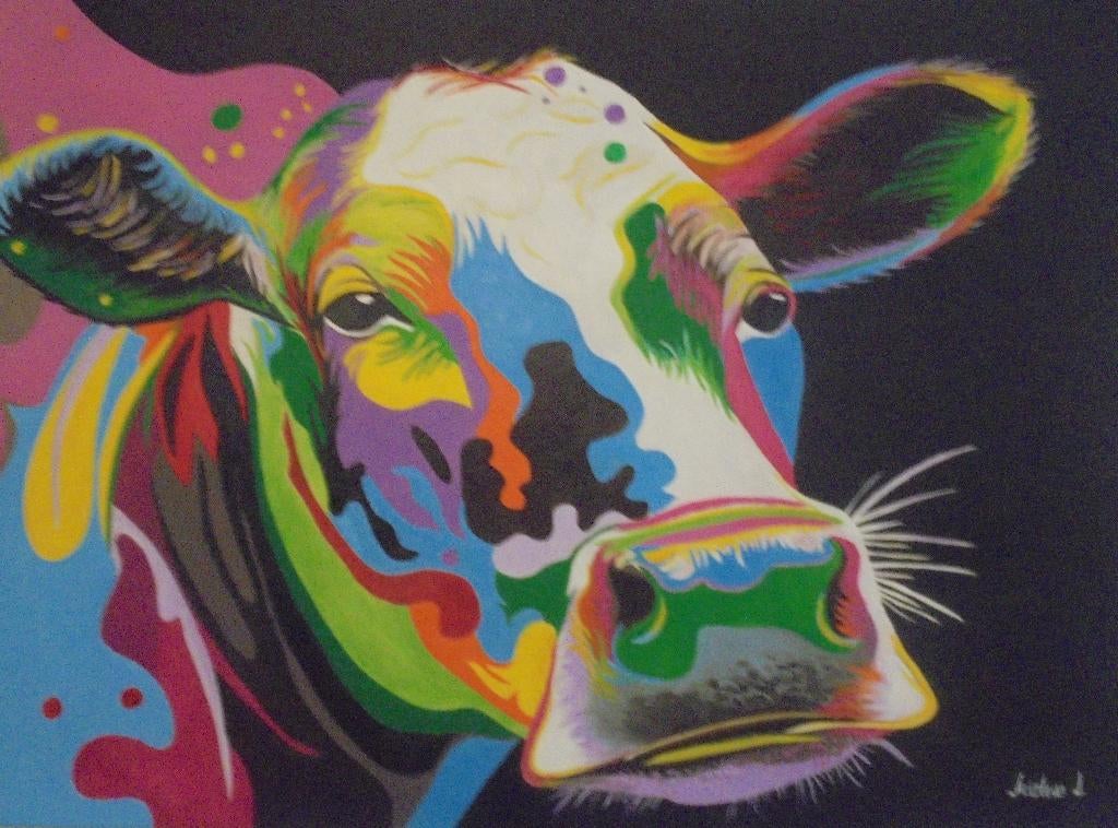 olieschilderij popart koe (60x80 cm), Antiek en Kunst, Ophalen of Verzenden