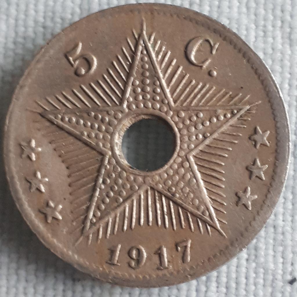 Belgisch CONGO : Zeer schaarse 5 centimes 1917 KM 17, Verzenden, Overige landen, Losse munt