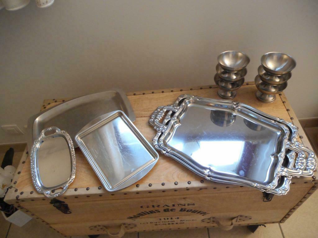 Lot de 2 plateaux et 6 coupes à fruits en inox, Enlèvement ou Envoi, Utilisé, Rectangulaire, Autres matériaux