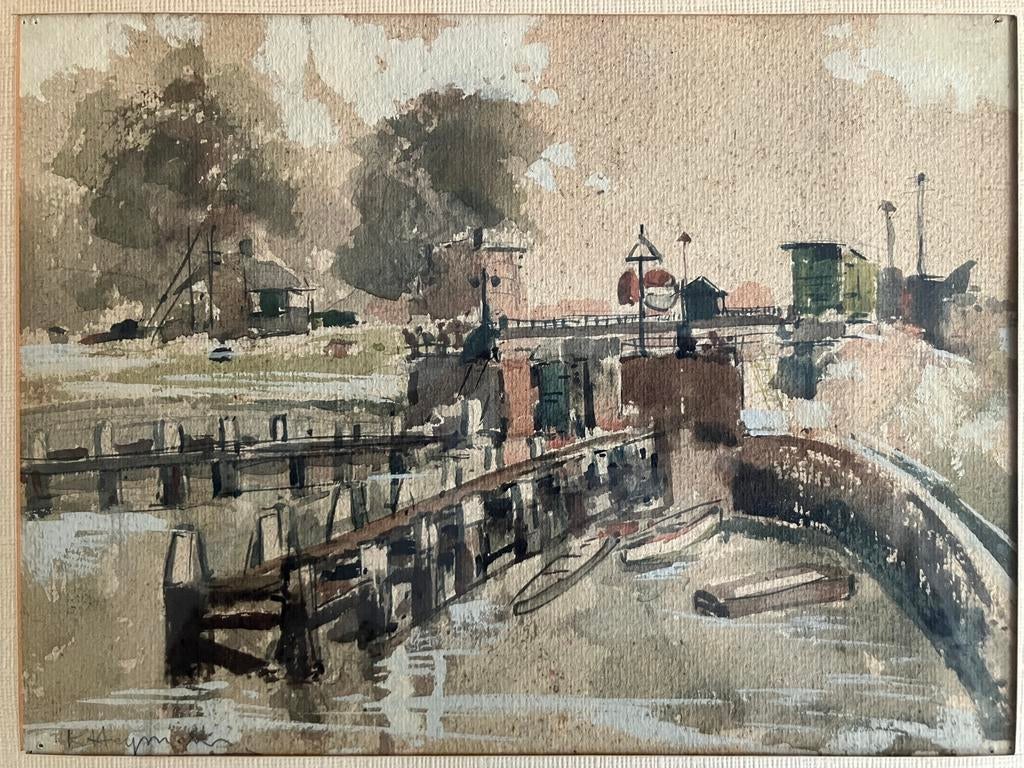 Aquarel Karel Heymans (1899-1974) De sluis, Antiek en Kunst, Ophalen of Verzenden