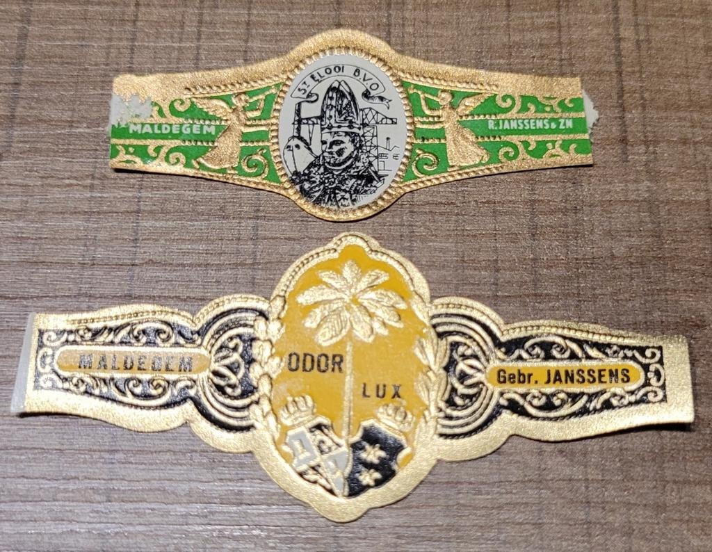 2 oude sigarenbandjes: Gebroeders Janssens Maldegem, Enlèvement ou Envoi, Utilisé, Bagues de cigare
