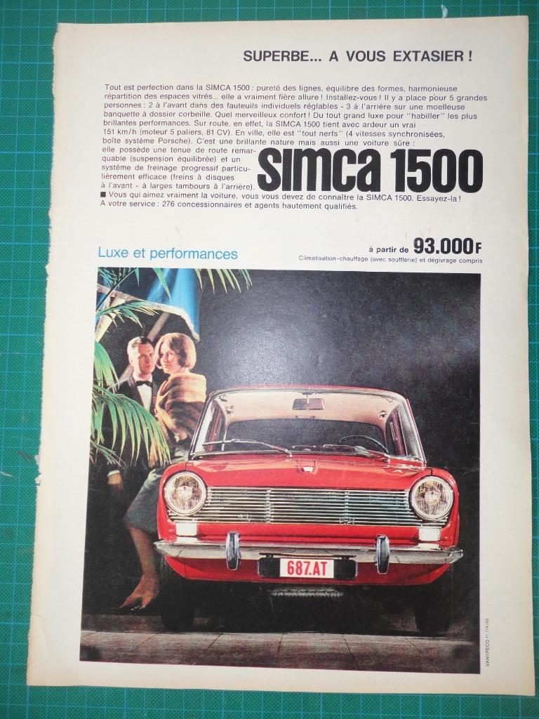 Simca 1500 - publicité papier - 1965, Ophalen of Verzenden, Gebruikt, Overige typen