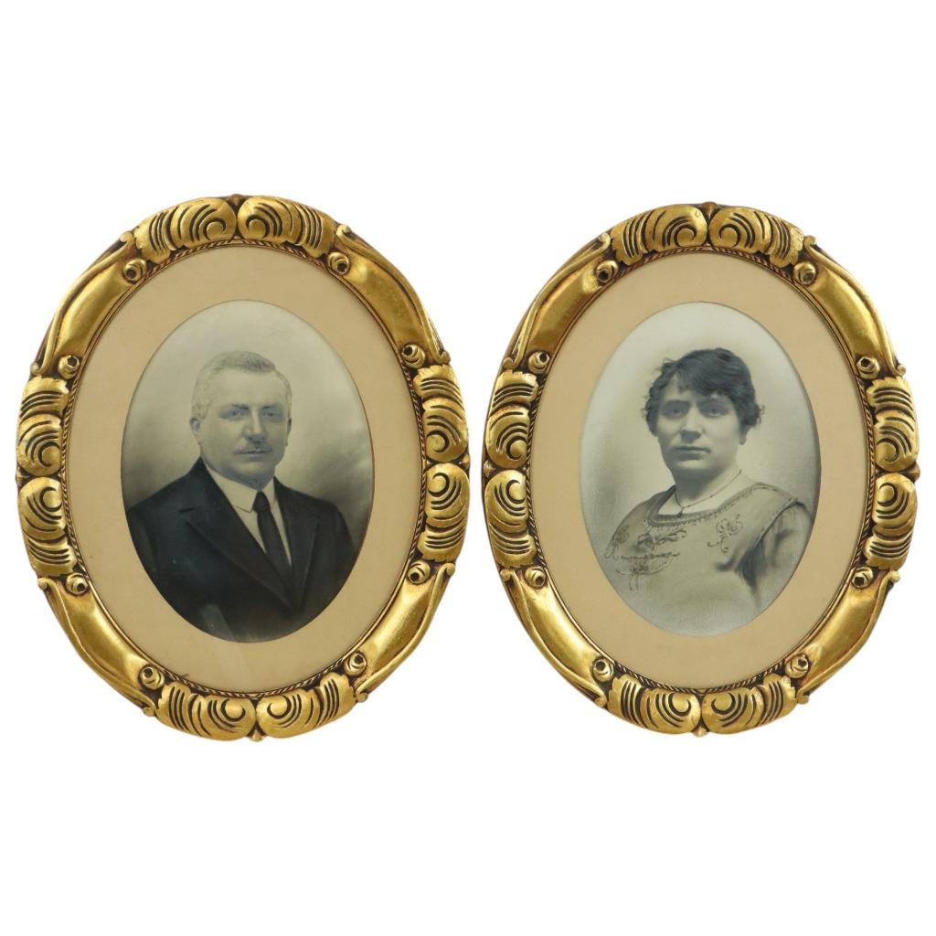 Koppel Antieke Portretten Ovale Lijsten Bladgoud ca 1900, Ophalen of Verzenden, Gebruikt, Hout