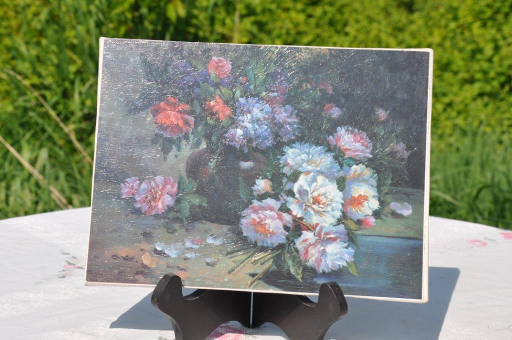 §  carton reproduction peinture bouquet collée sur toile, Ophalen of Verzenden, Gebruikt, Overige materialen