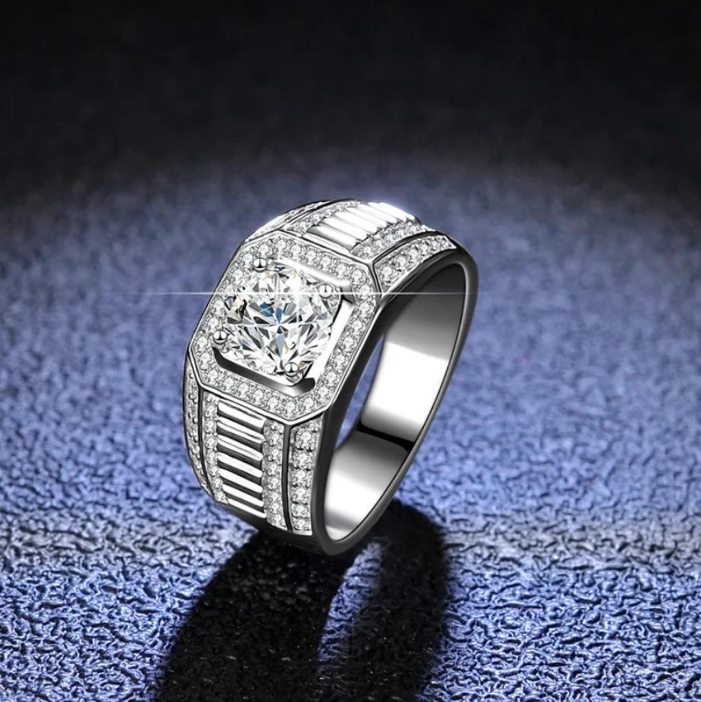 Zilveren mannen ring met Moissanite Diamant 1 karaat D kleur, Verzenden, Nieuw, Dame of Heer, Met edelsteen