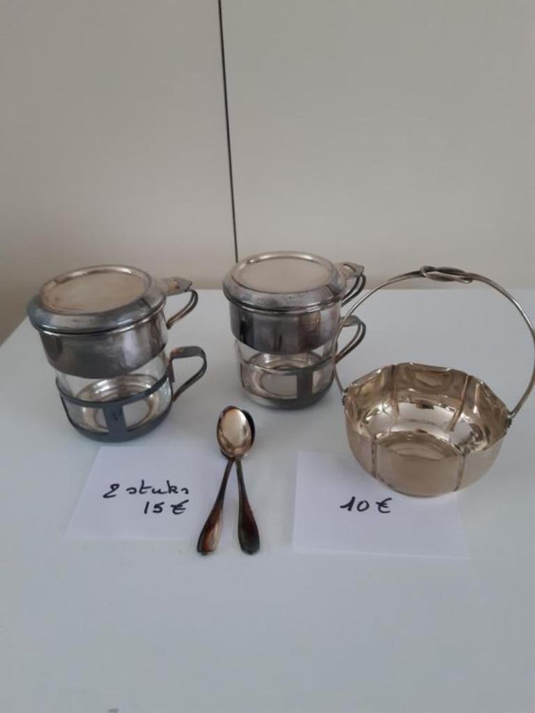 Tafelzilver- set koffie filter met 2 zilveren lepeltjes €15, Antiek en Kunst, Ophalen
