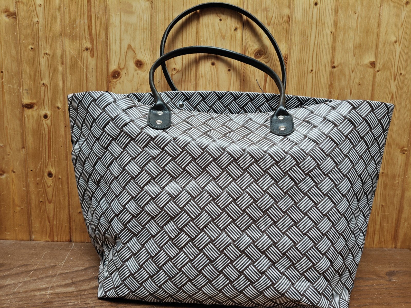 Bruin/wit geometrisch geweven shopper XL, Ophalen, Zo goed als nieuw, Wit, Shopper