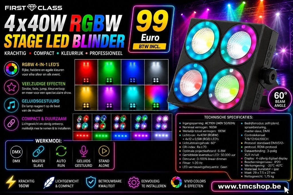 Nieuwe First Class 4x40 W RGBW Stage Led Blinder, Muziek en Instrumenten, Ophalen of Verzenden, Nieuw, Licht, Kleur
