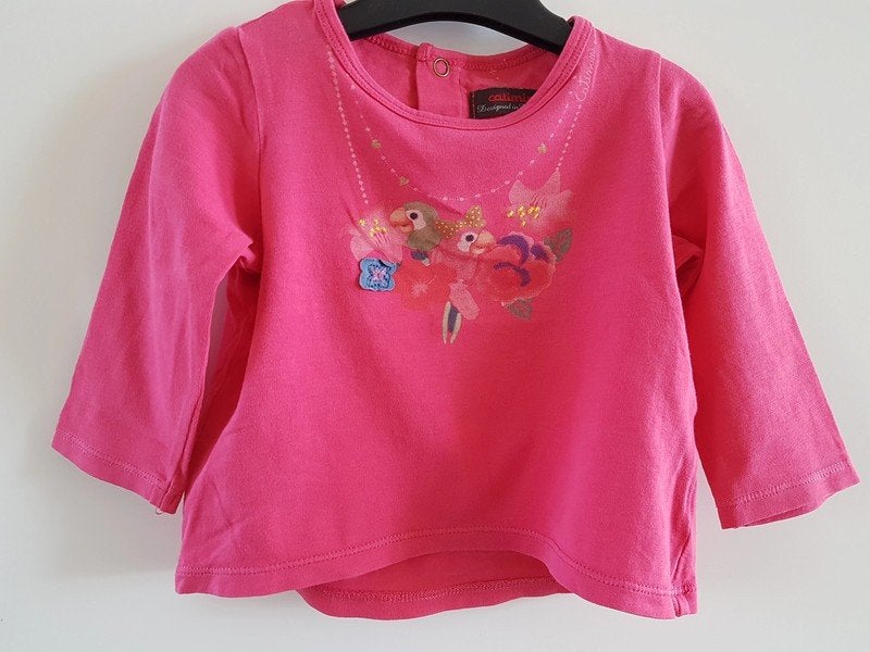 CATIMINI - T-shirt rose, perroquets - T.12 mois/74 cm, Catimini, Enlèvement ou Envoi, Utilisé, Chemisette ou Manches longues