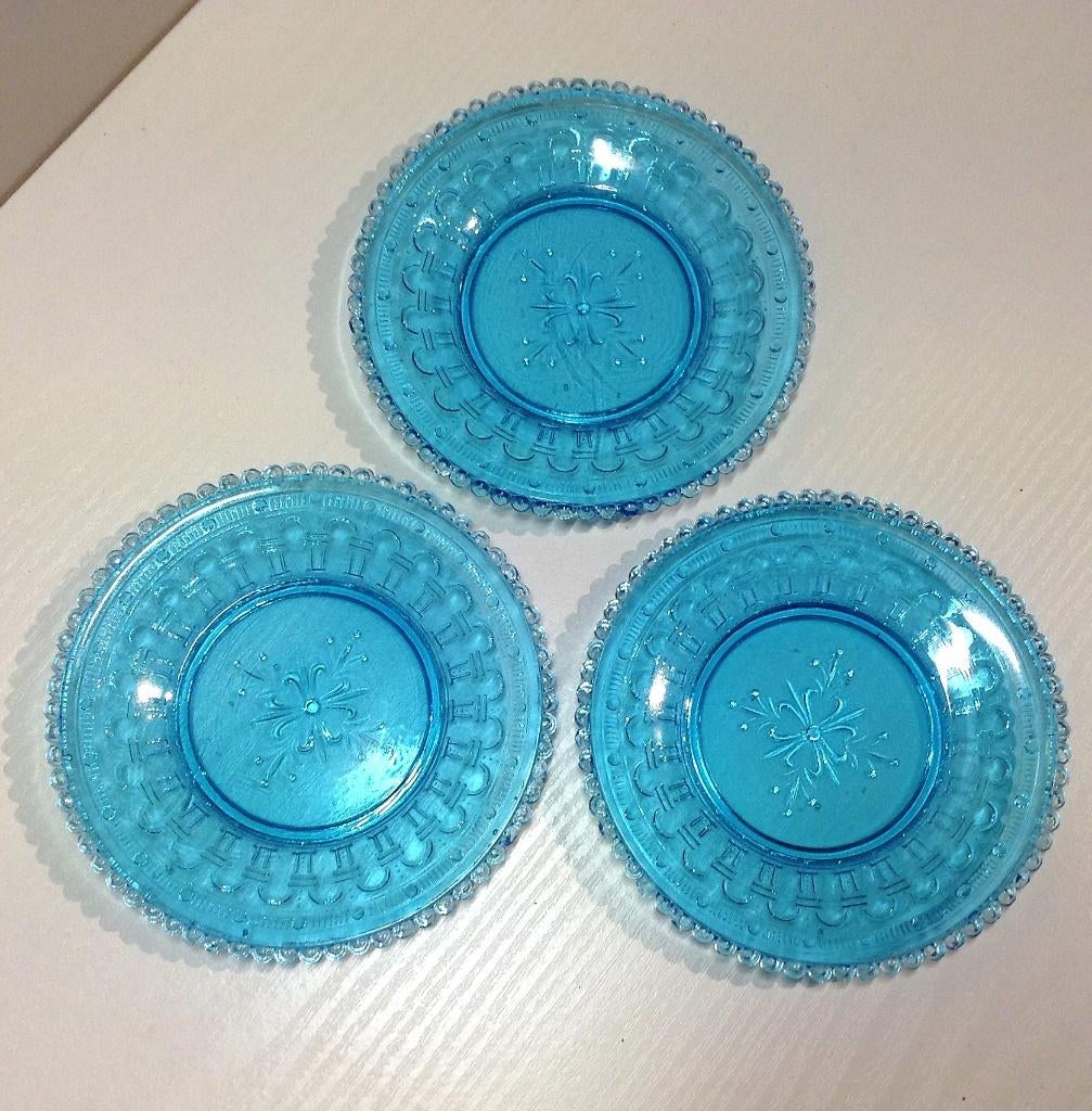 3 blauwe glazen perlé onderzetters oosters decor, Verzenden, Zo goed als nieuw