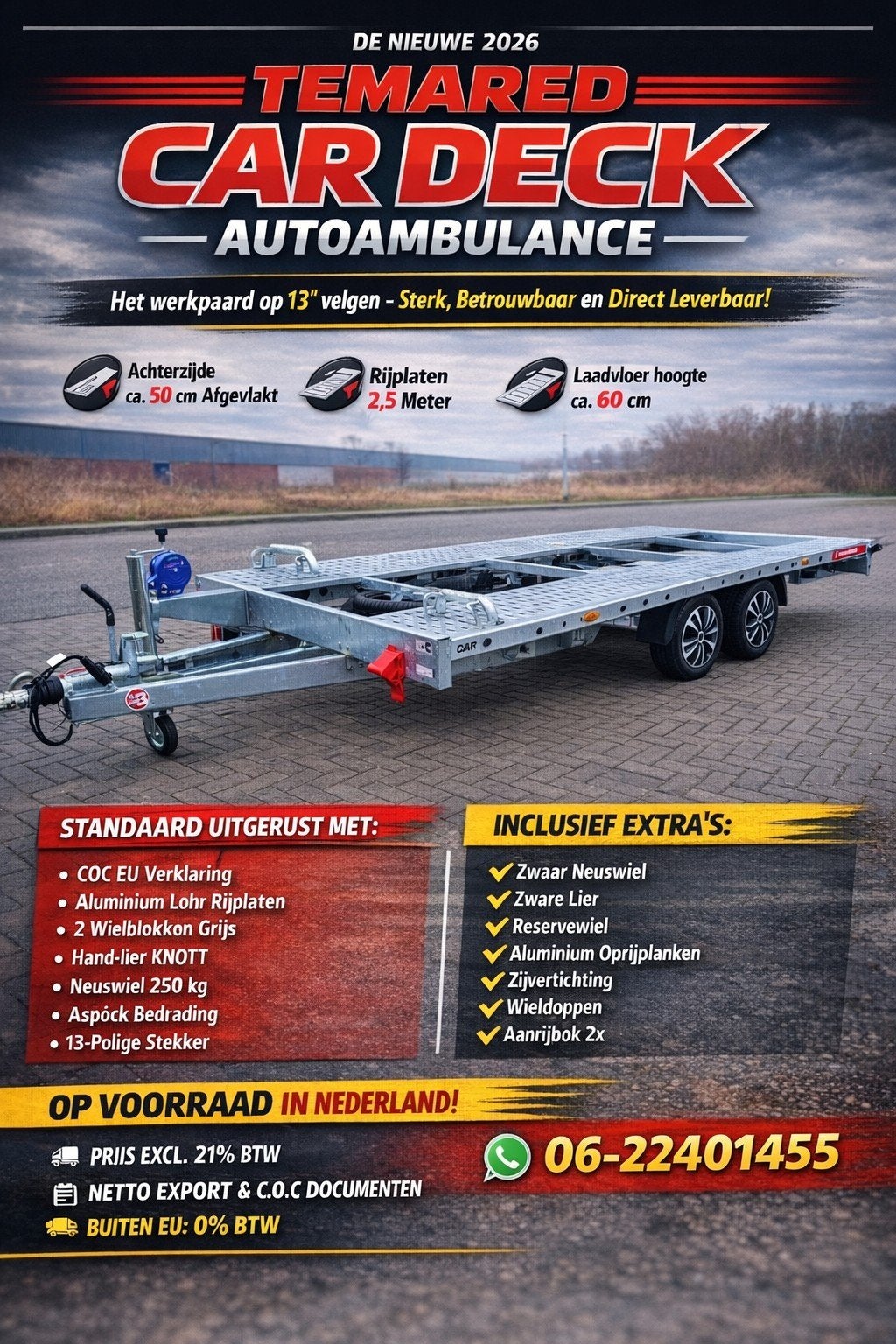Nieuwe Temared autoambulance 455x210 met alle optie, Auto diversen, Aanhangers en Bagagewagens, Ophalen, Nieuw