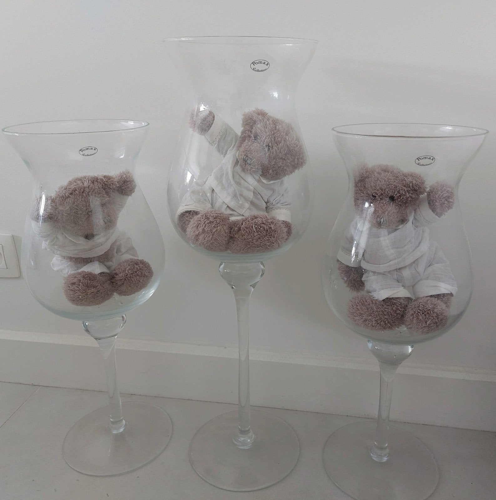 Pomax 3 glazen windlichten met beertjes bij, Glas, Ophalen, Zo goed als nieuw, 18 cm