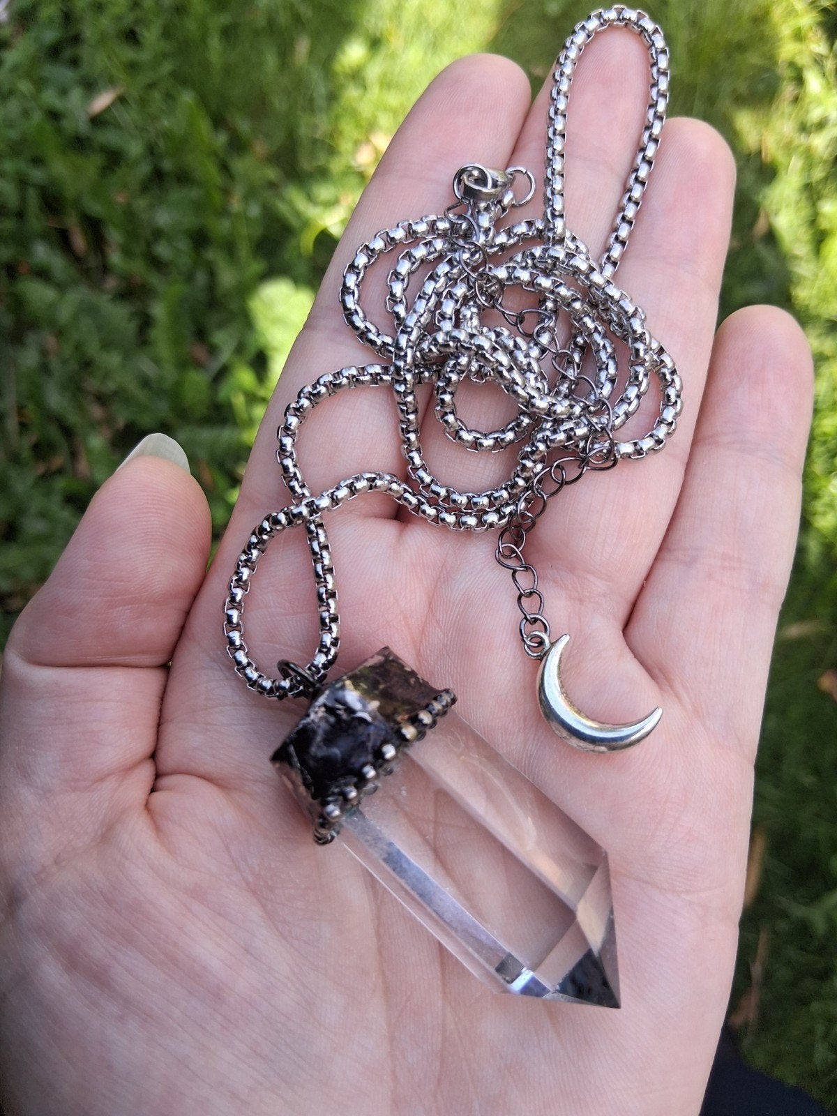 Ketting RVS: bergkristal punt met fantoom, Neuf, Enlèvement ou Envoi, Femme ou Homme, Fer ou Acier