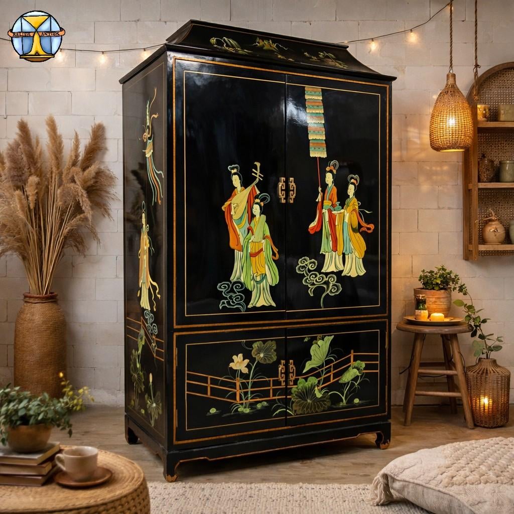 Armoire de pagode chinoise vintage scène traditionnelle (boh, Enlèvement ou Envoi, Comme neuf, 150 à 200 cm, Autres essences de bois