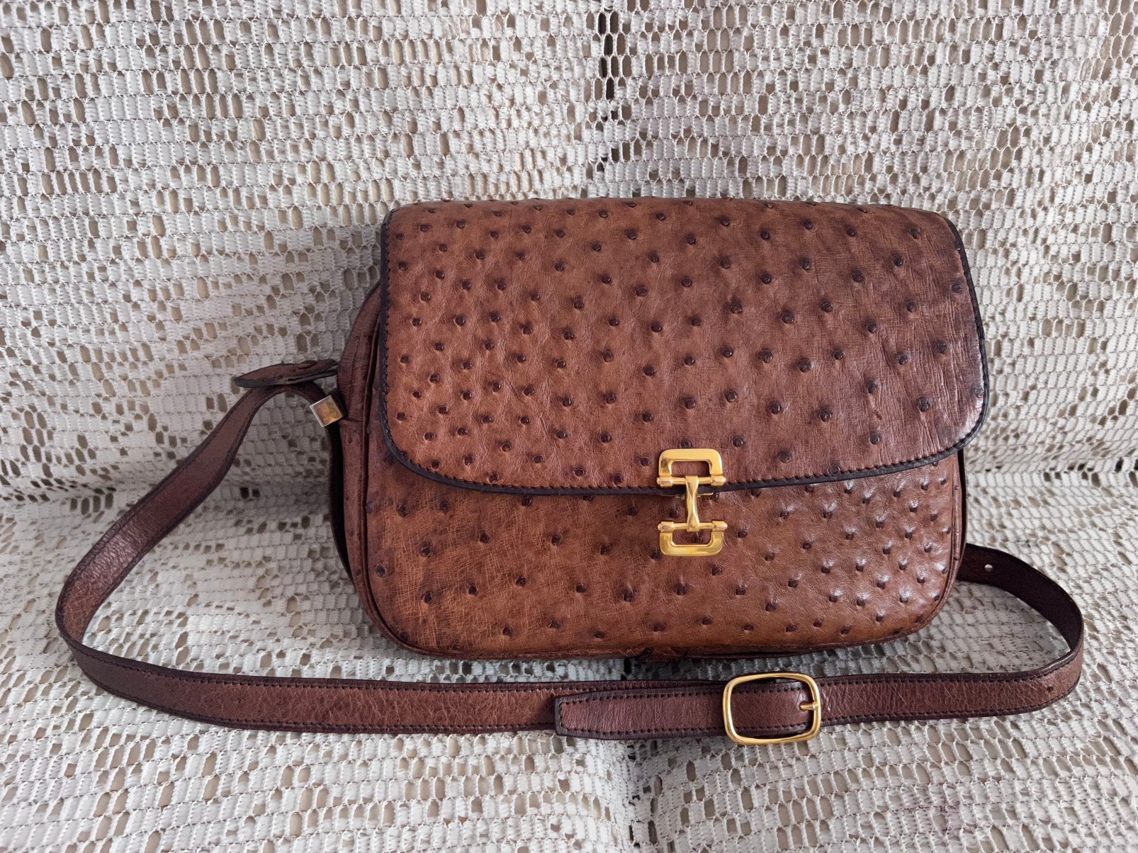 Sac bandoulière GUCCI cuir autruche cognac, Enlèvement ou Envoi, Comme neuf, Cuir