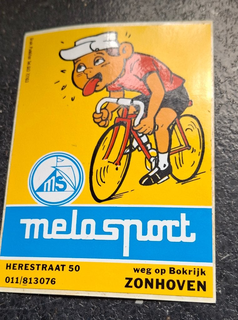Sticker fun stripfiguur wielrennen Melosport Zonhoven, Ophalen of Verzenden